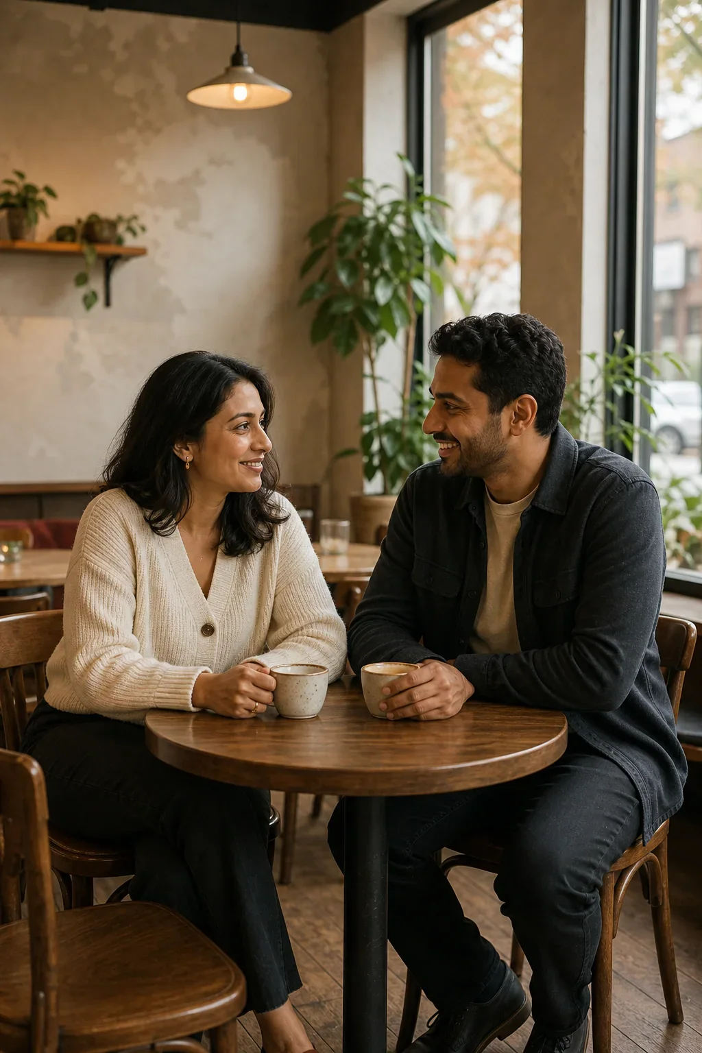 Illustrative scene of two adults sitting together at a cafe table