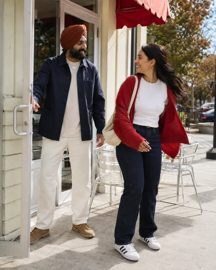 Illustrative scene of two adults leaving a neighborhood cafe