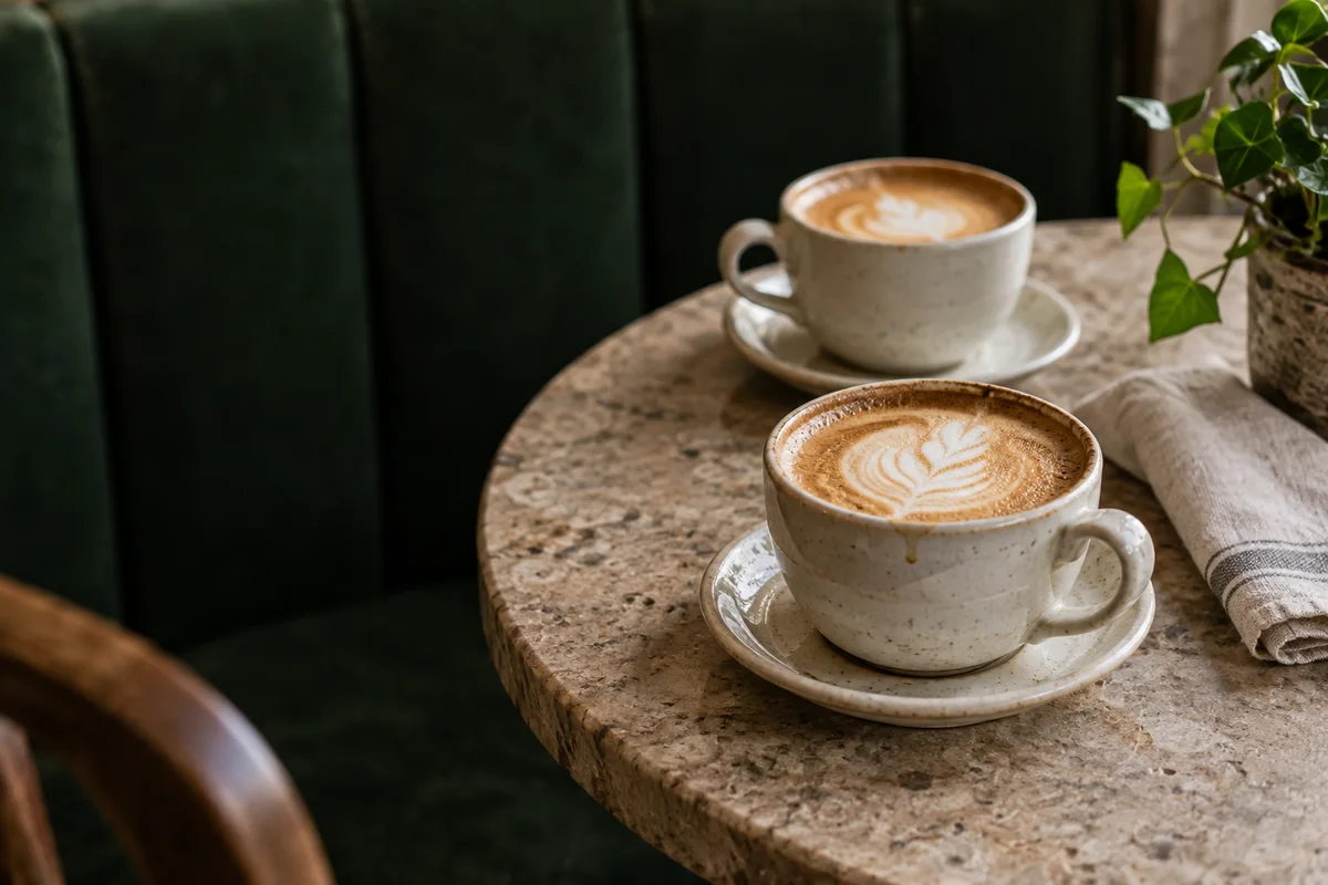 Two cappuccinos on a stone cafe table