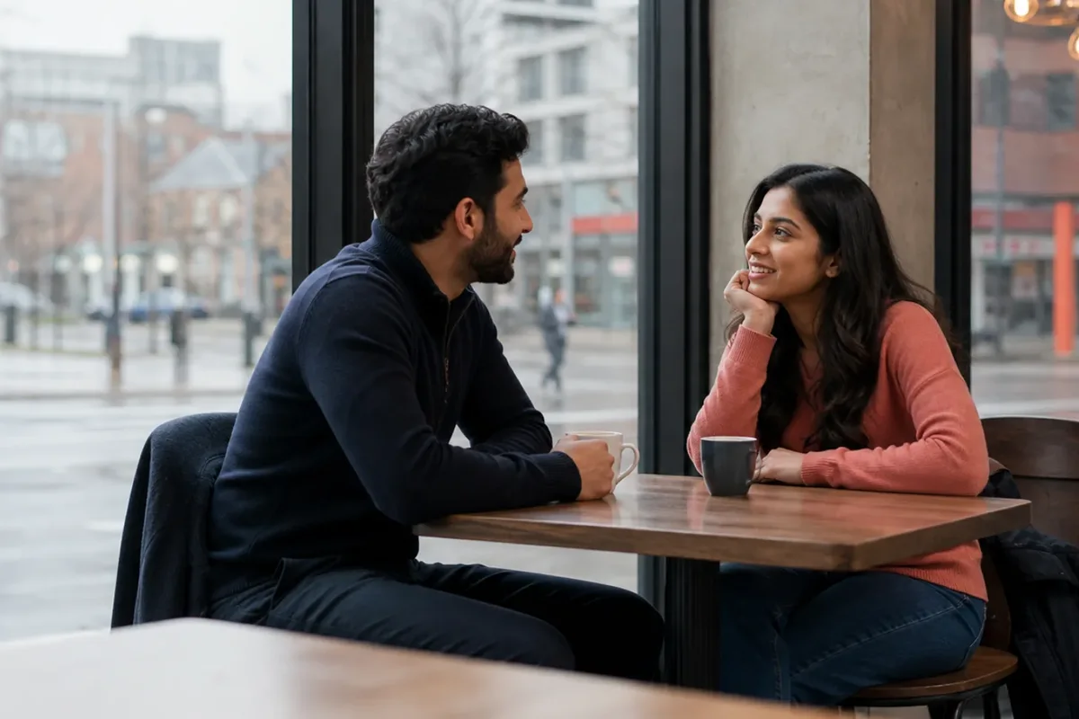 Illustrative scene of two adults talking over coffee by a cafe window
