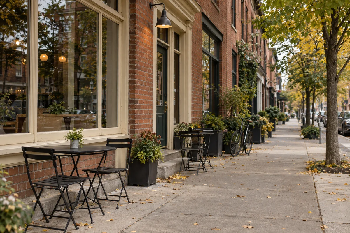 Illustrative Canadian neighborhood cafe with outdoor tables and autumn trees