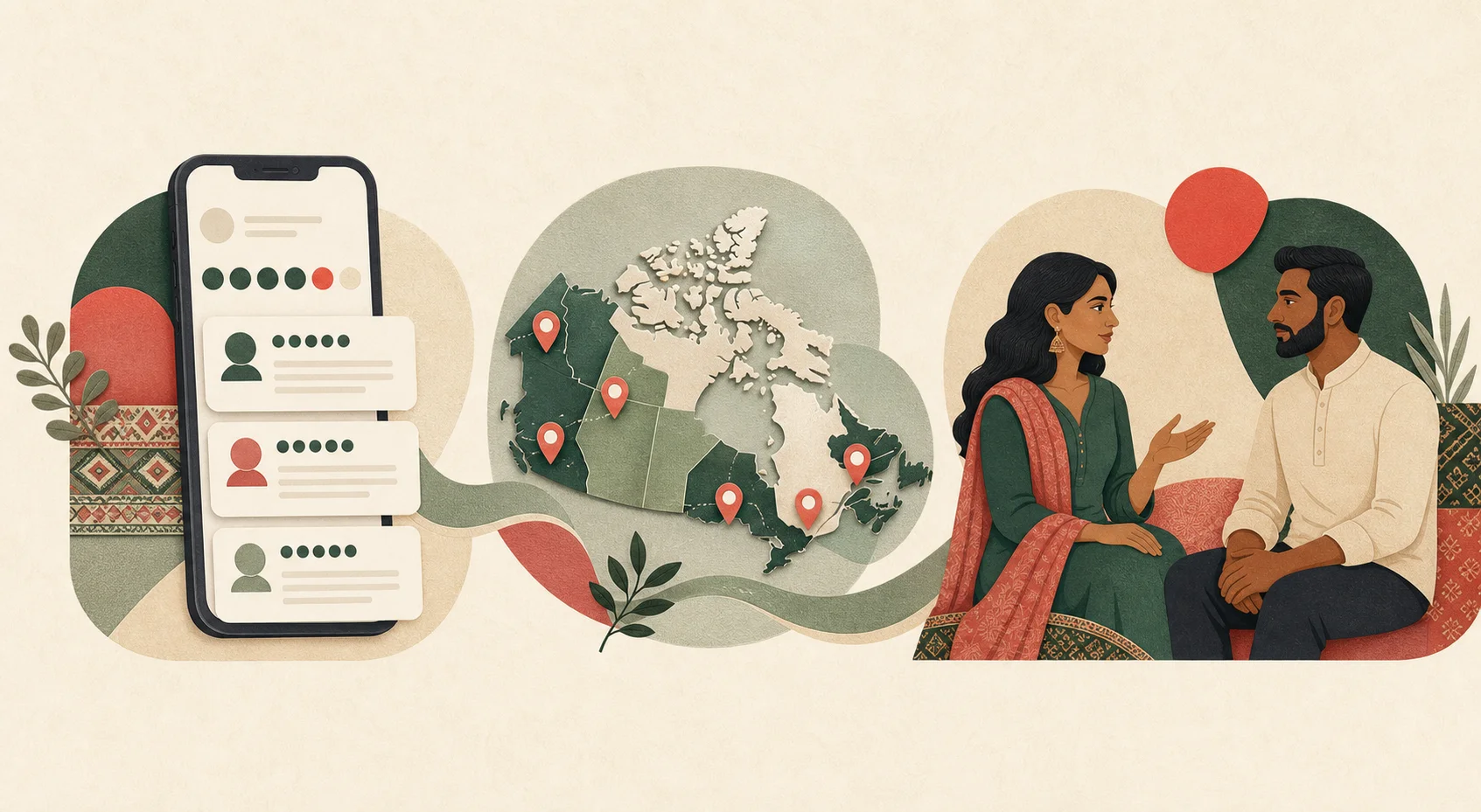 Illustration of app reviews, a map of Canada and two adults in conversation